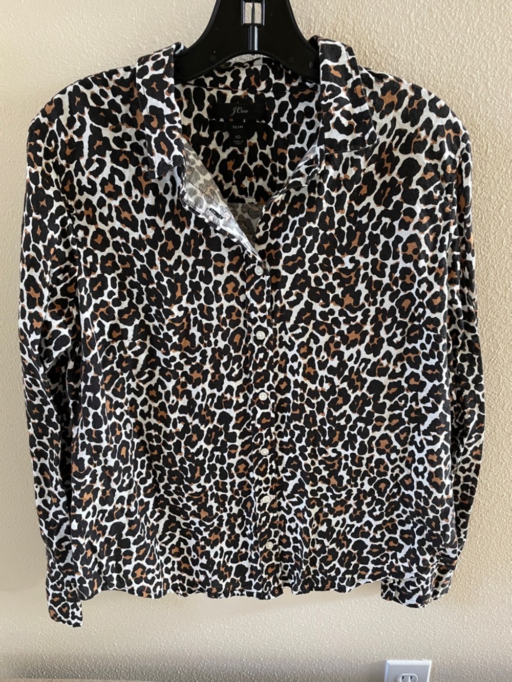 J. Crew Leopard Print Button-Up Blouse - Cotton/Linen blend stylish chic 10 Slim
